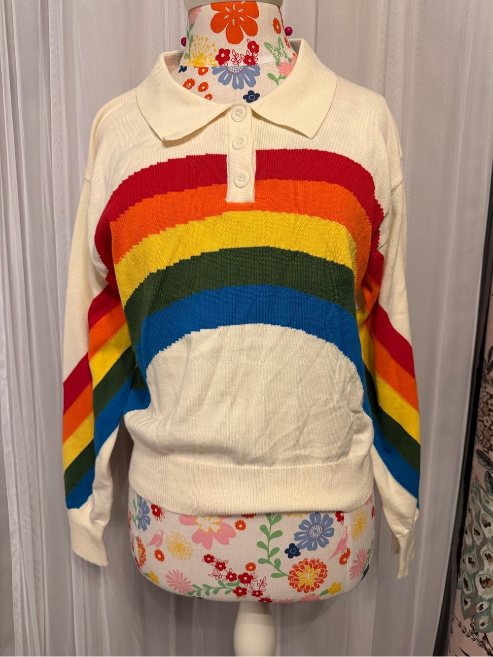 Cream Rainbow Stripe Polo Sweater - Bright Multicolor Crew